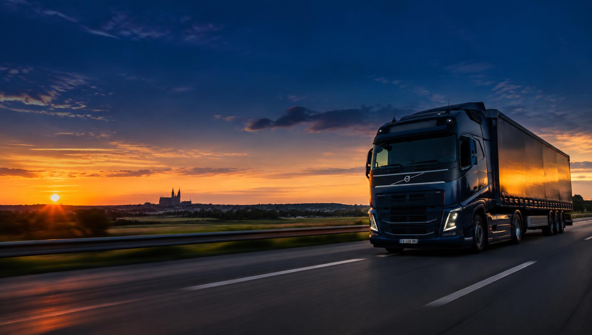 Camion sur une autoroute des Hauts de France au coucher du soleil